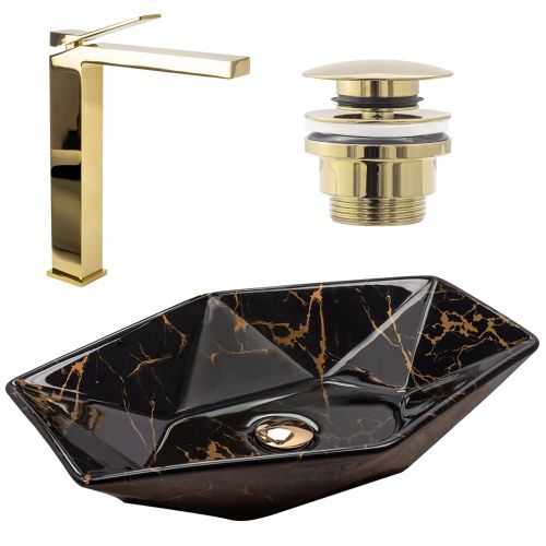 Set Aufsatzwaschbecken Vegas marble black shiny + Waschbeckenarmatur Duet l.gold + Stöpsel l.gold